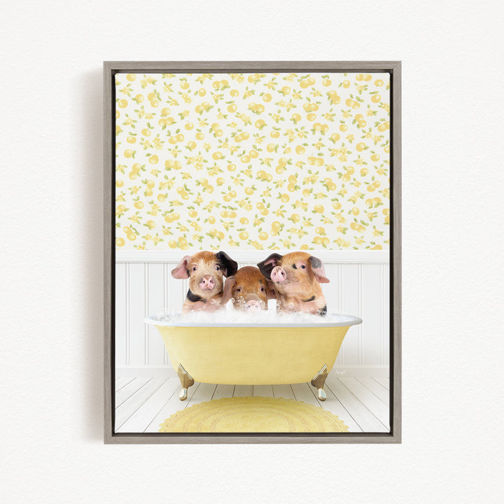 Three adorable pigs sitting in a yellow bathtub, surrounded by a yellow and white floral patterned wall.