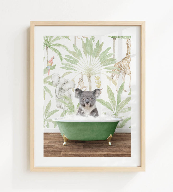 A koala is sitting in a green bathtub, surrounded by a tropical jungle scene with palm trees, birds, and other animals.