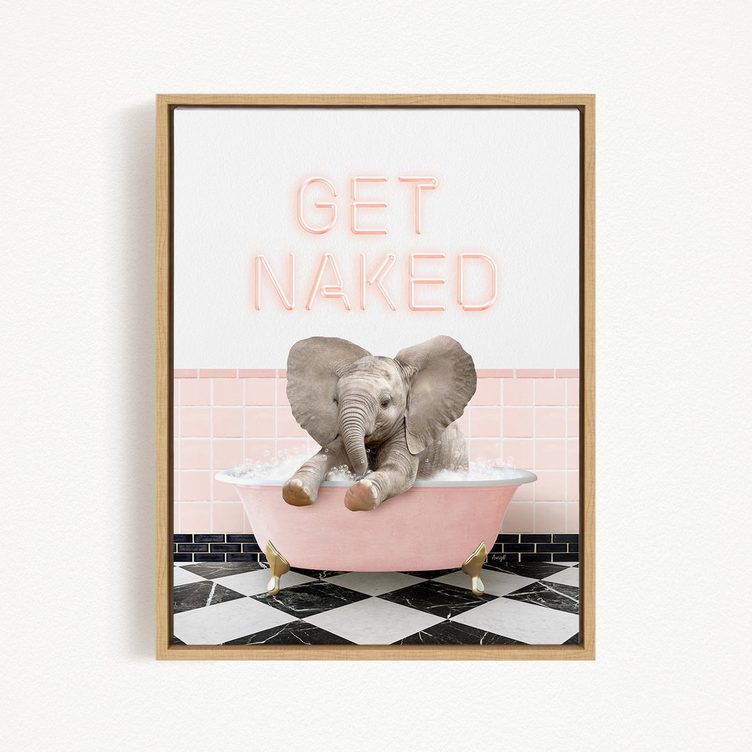 A framed image depicting a baby elephant sitting in a pink bathtub, with the text "GET NAKED" displayed above it.