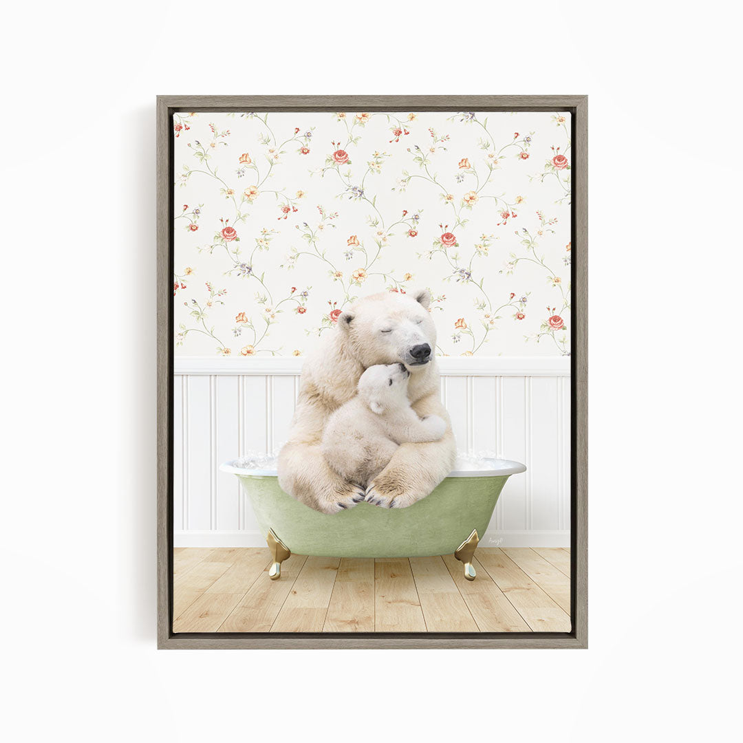 A polar bear is sitting in a green bathtub, with its head resting on another polar bear. The polar bears are surrounded by a floral patterned wall.