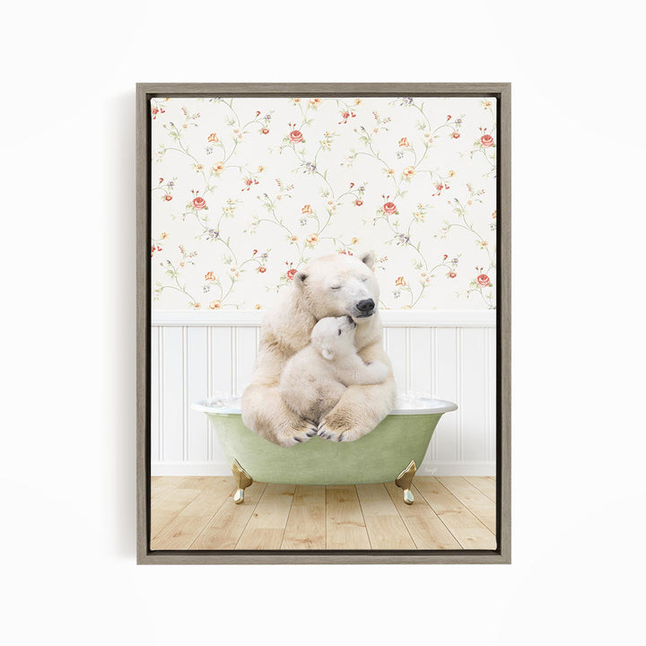 A polar bear is sitting in a green bathtub, with its head resting on another polar bear. The polar bears are surrounded by a floral patterned wall.