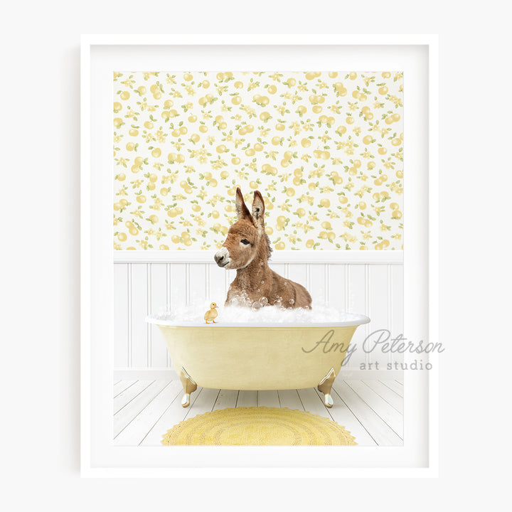 a dog sitting in a bathtub with a yellow rug