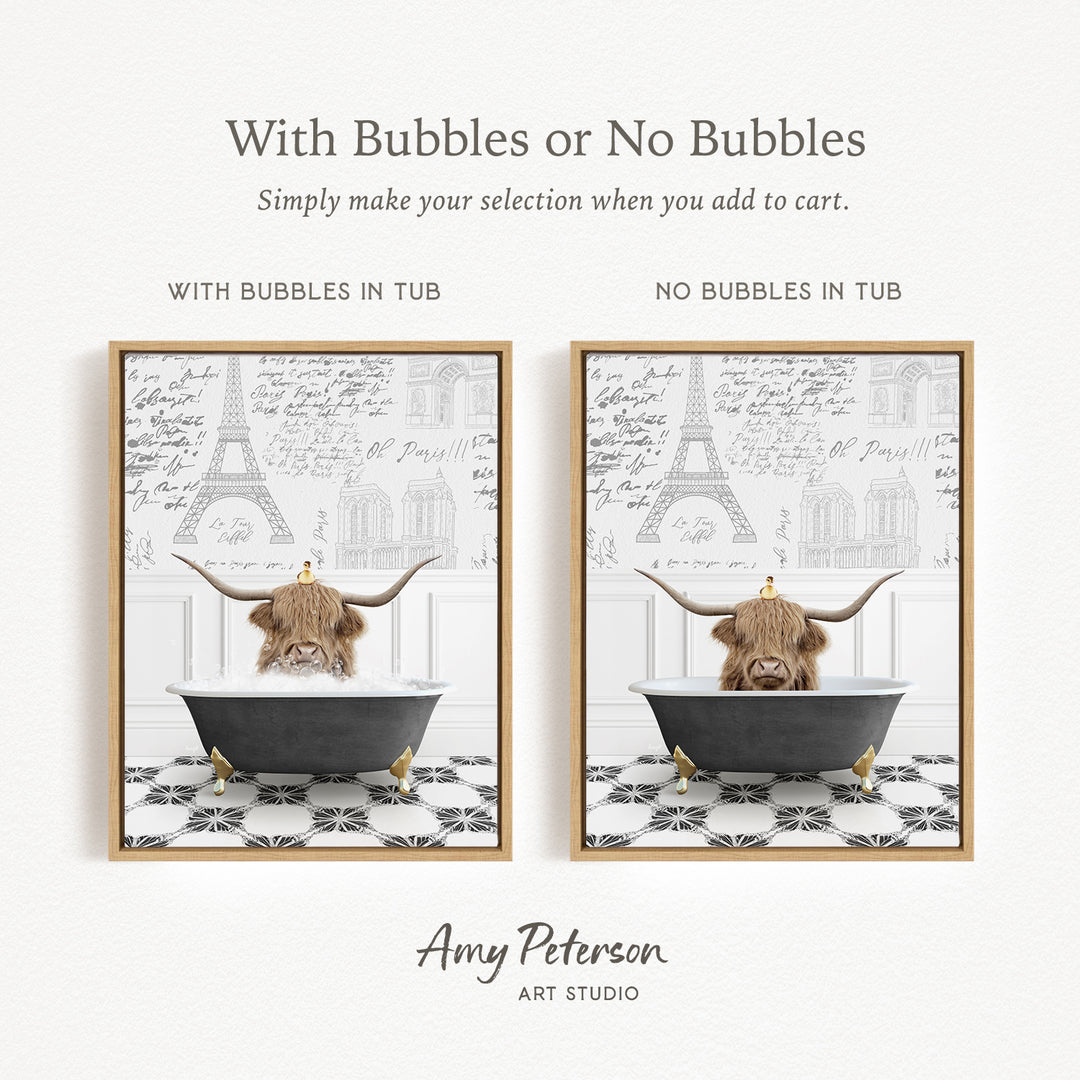 The image is a collage of two framed pictures, each depicting a cow with horns in a bathtub. The cow in the left picture has bubbles in the tub, while the cow in the right picture does not have bubbles in the tub.