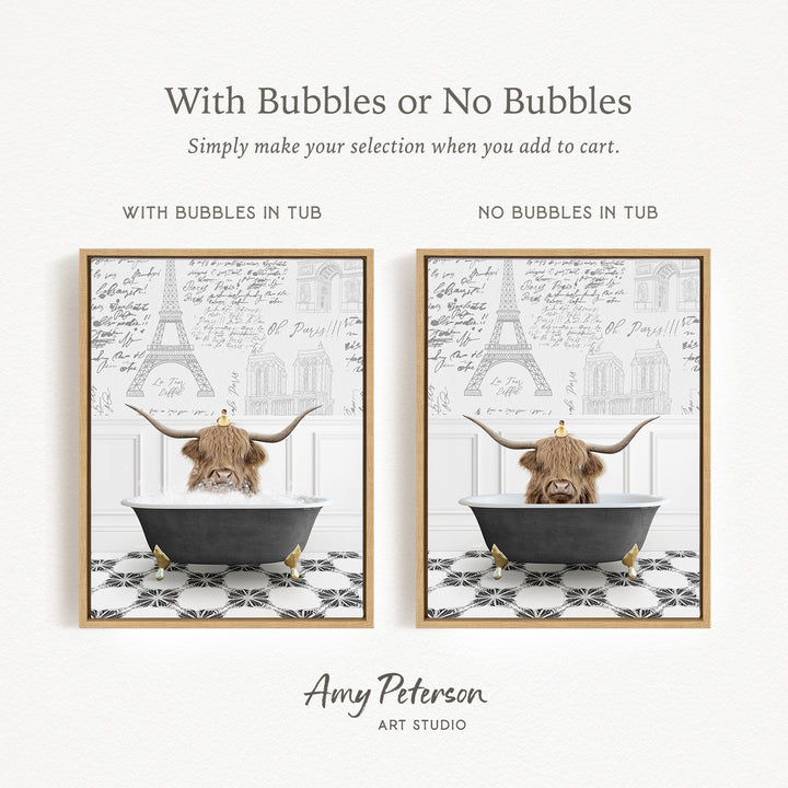 The image is a collage of two framed pictures, each depicting a cow with horns in a bathtub. The cow in the left picture has bubbles in the tub, while the cow in the right picture does not have bubbles in the tub.