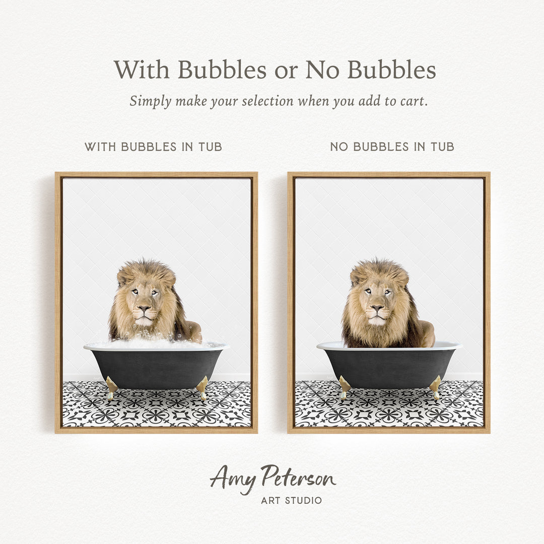 The image is a collage of two framed pictures, each depicting a lion sitting in a tub. The lion in the first picture has bubbles in the tub, while the lion in the second picture does not have bubbles. The text above the images reads "With Bubbles or No Bubbles Simply make your selection when you add to cart."