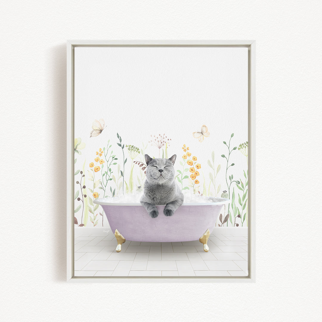 A gray cat sitting in a purple bathtub filled with bubbles, surrounded by flowers and butterflies.