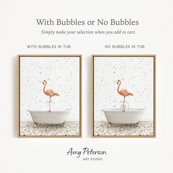 The image is a framed print featuring a flamingo standing in a bathtub, with the text "With Bubbles or No Bubbles" and "With Bubbles in Tub" indicating the presence of bubbles in the tub.
