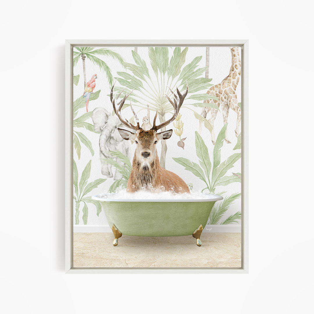 A deer with antlers is sitting in a green bathtub, surrounded by tropical foliage and animals, including a giraffe and a parrot.