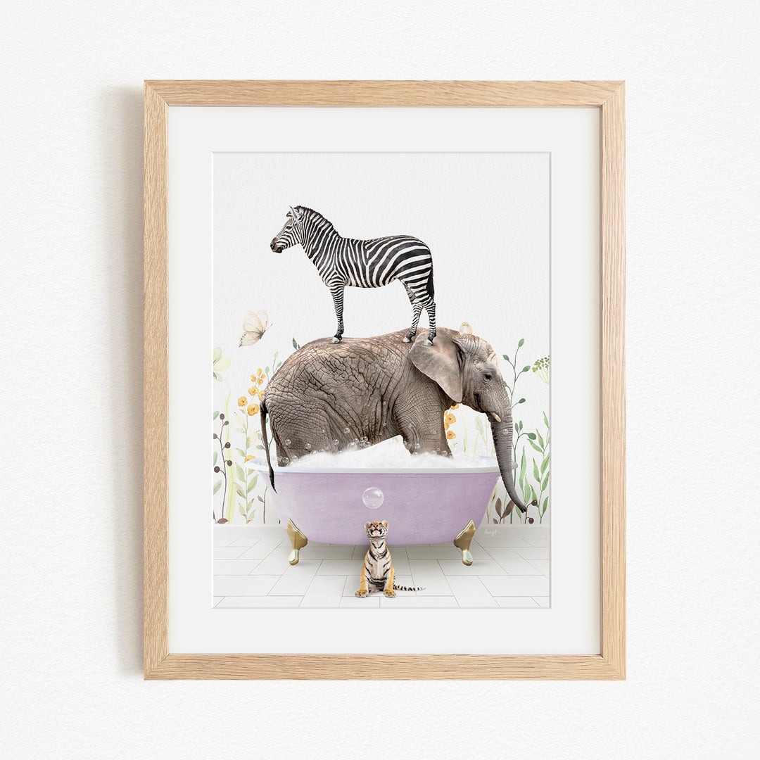A zebra stands atop an elephant in a bathtub, surrounded by a tiger and butterflies, creating a whimsical and surreal scene.