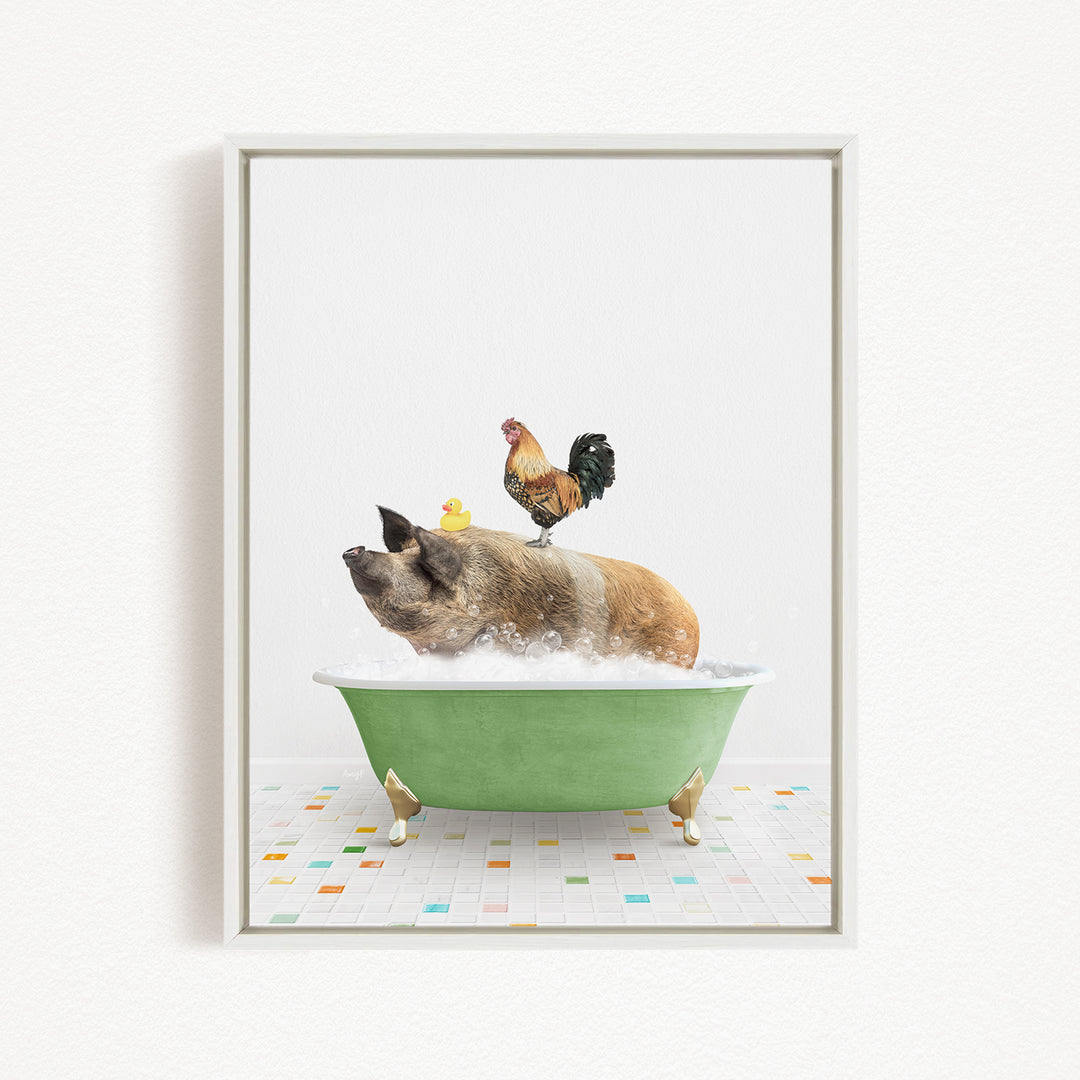 A pig is sitting in a green bathtub filled with bubbles, with a rooster perched on its back.