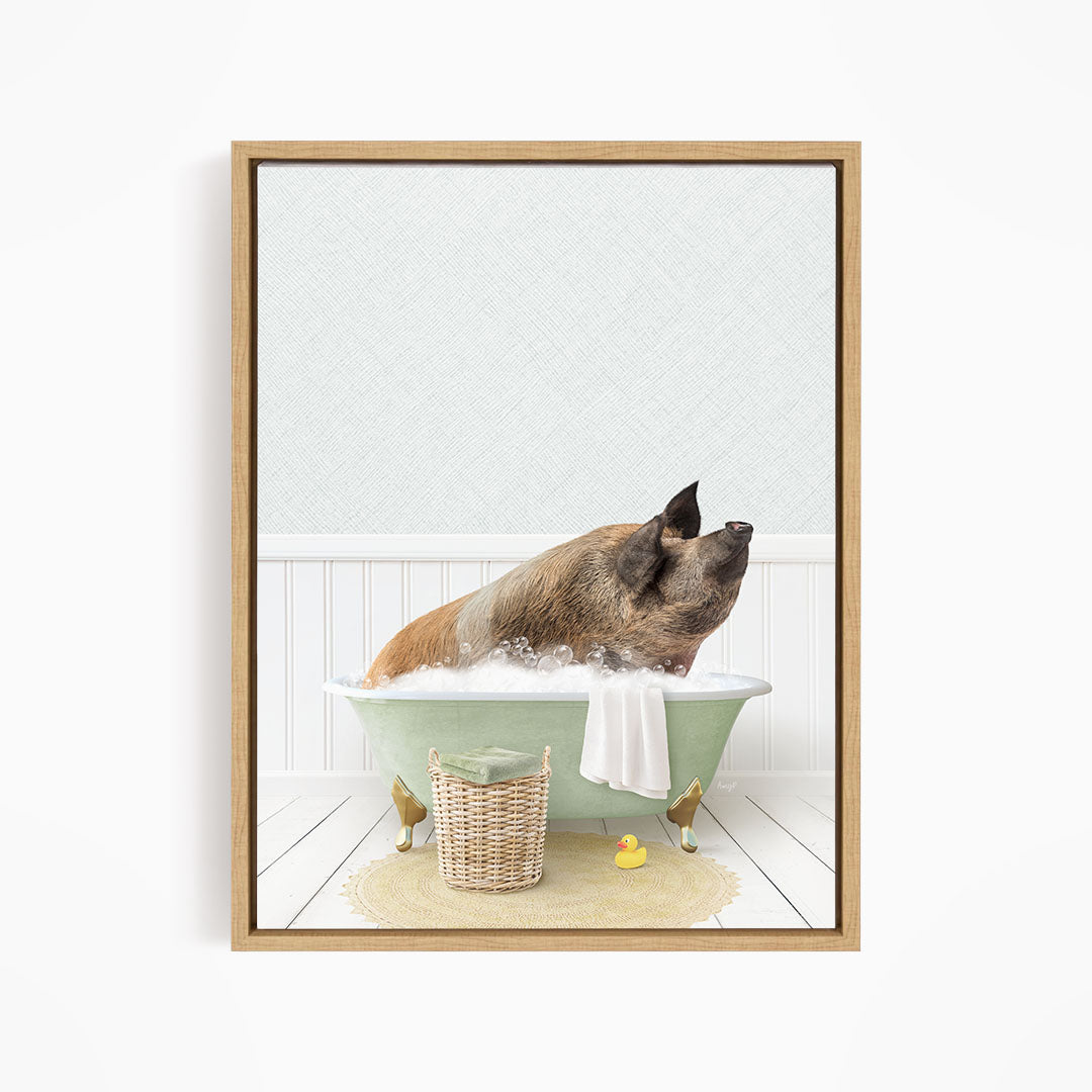 A brown dog is sitting in a green bathtub filled with water, surrounded by rubber ducks and a basket.