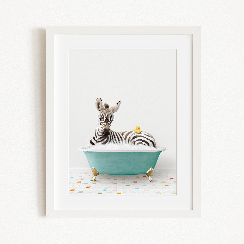 A zebra is sitting in a green bathtub, surrounded by small yellow birds, creating a whimsical and playful scene.