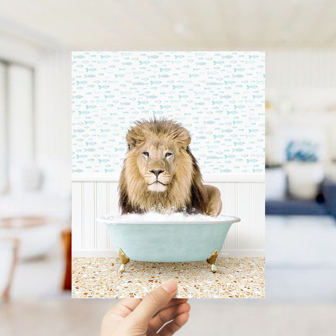 A lion sitting in a bathtub filled with bubbles, surrounded by a pattern of fish.