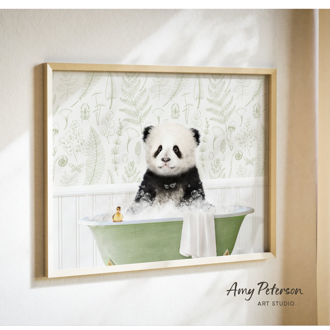 A panda bear sitting in a green bathtub filled with bubbles, surrounded by a floral patterned wall.
