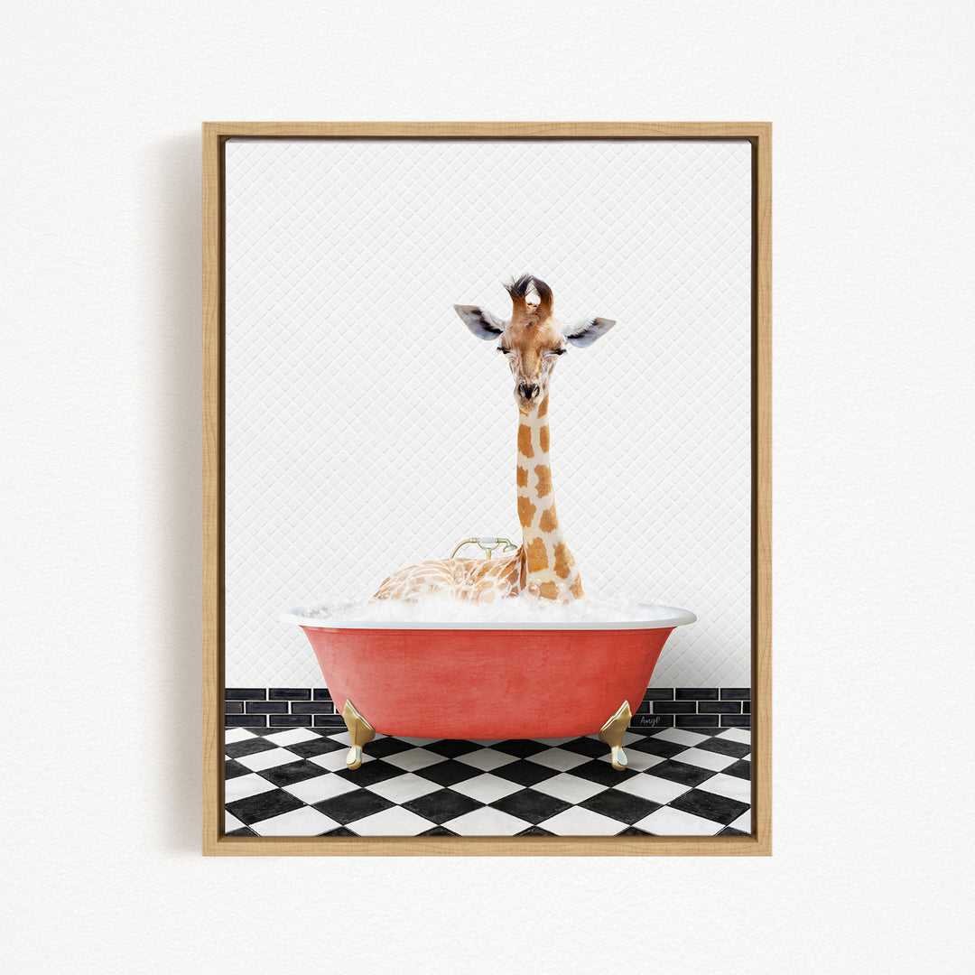 A giraffe is sitting in a red bathtub filled with water, surrounded by a black and white checkered floor.