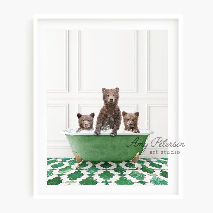 a group of bears sitting in a green bath tub