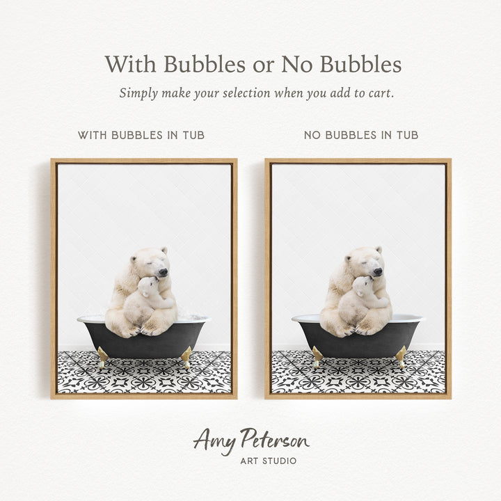 The image is a collage of two pictures, each featuring a polar bear and a baby bear sitting in a bathtub. The polar bear is sitting on the left side of the bathtub, while the baby bear is sitting on the right side. The polar bear is also holding a baby bear in its arms. The image does not contain any bubbles or no bubbles, and the polar bears are sitting on a black and white patterned surface.