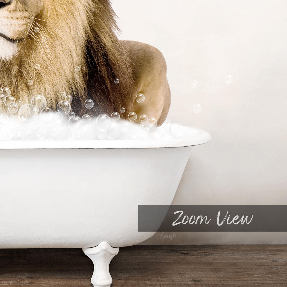 A lion is sitting in a white bathtub filled with bubbles, creating a whimsical and playful scene.