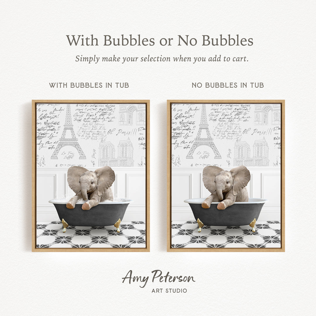 The image is a collage of two pictures, each featuring a small elephant sitting in a bathtub. The elephant in the bathtub has bubbles, while the elephant in the other picture does not have bubbles. The collage is titled "With Bubbles or No Bubbles" and is created by Amy Peterson from Art Studio.