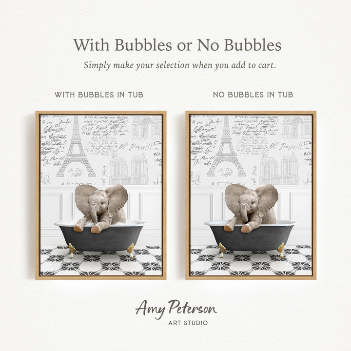 The image is a collage of two pictures, each featuring a small elephant sitting in a bathtub. The elephant in the bathtub has bubbles, while the elephant in the other picture does not have bubbles. The collage is titled "With Bubbles or No Bubbles" and is created by Amy Peterson from Art Studio.