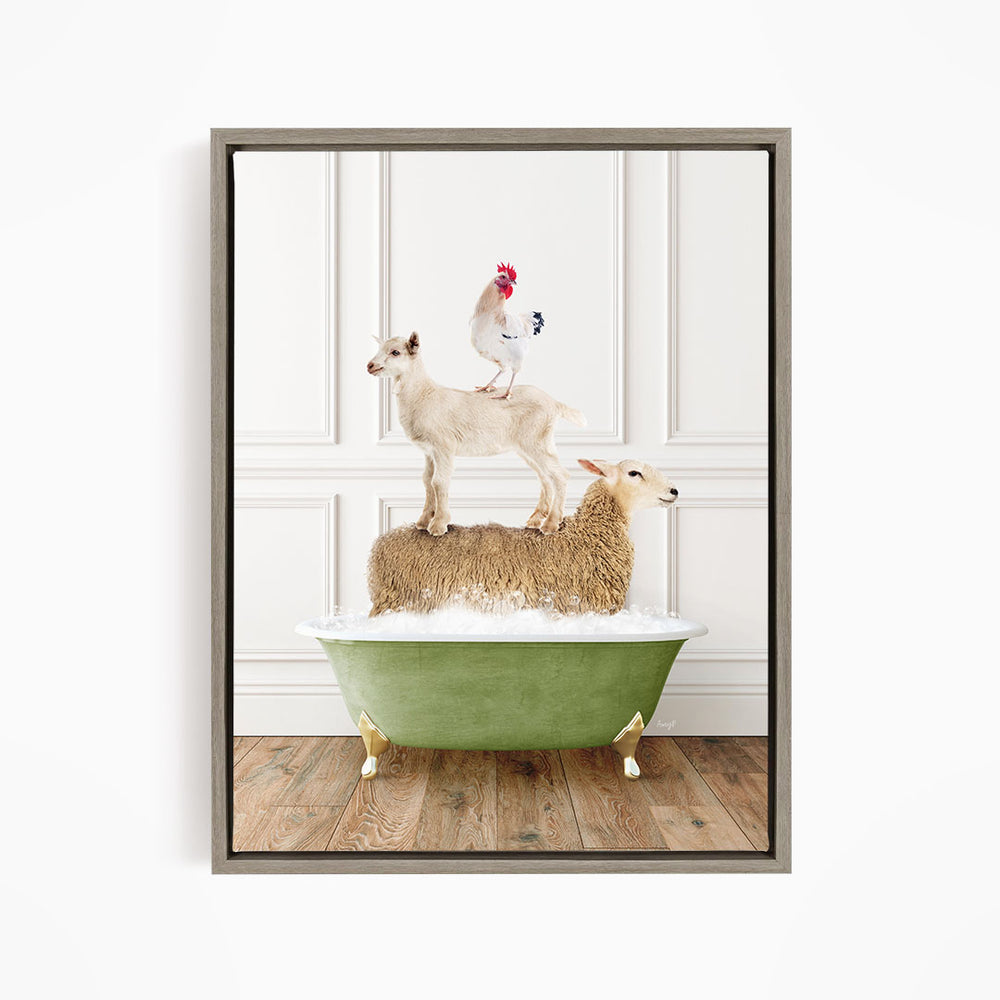 A framed image depicting a goat standing on a sheep's back while a chicken sits on top of a sheep in a green bathtub.