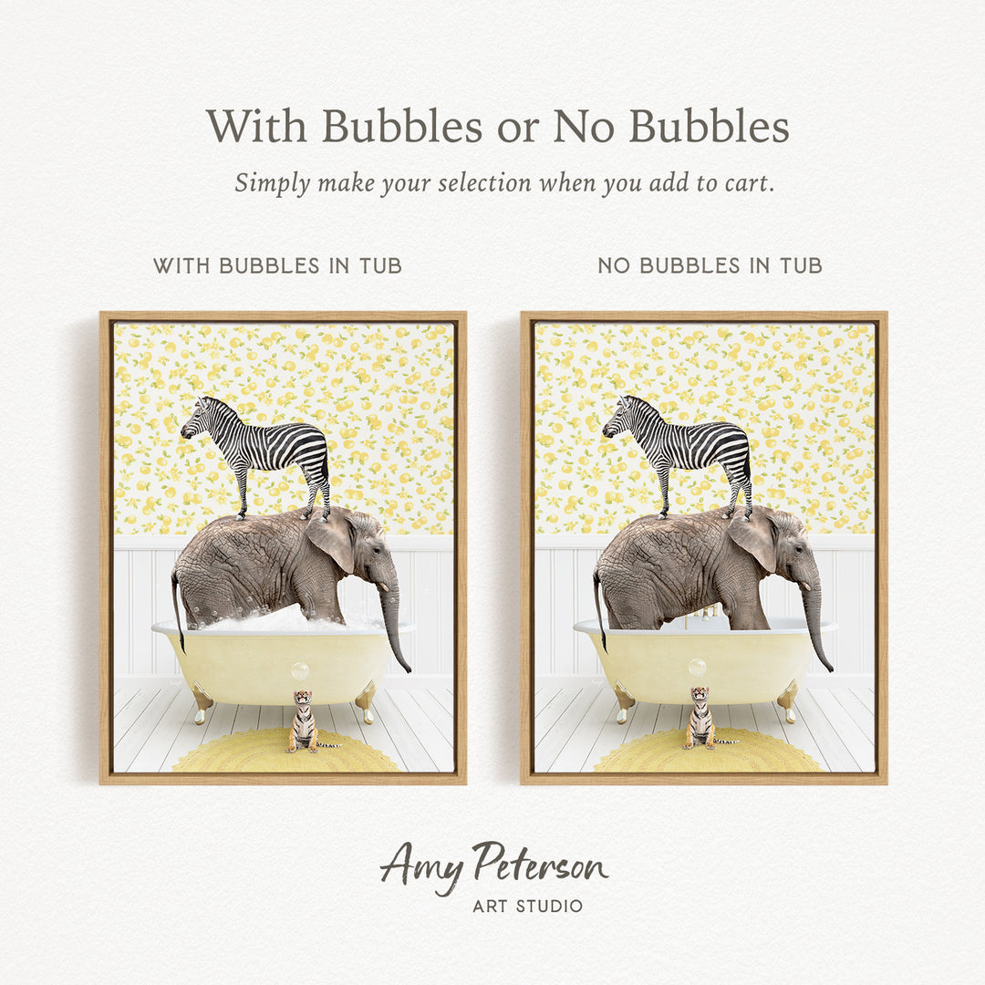 The image is a collage of two framed pictures. In the left frame, a zebra is standing on an elephant's back while the elephant is in a bathtub. In the right frame, a zebra is standing on an elephant's back while the elephant is in a bathtub. The collage does not contain any text, and the images depict animals in bathtubs.