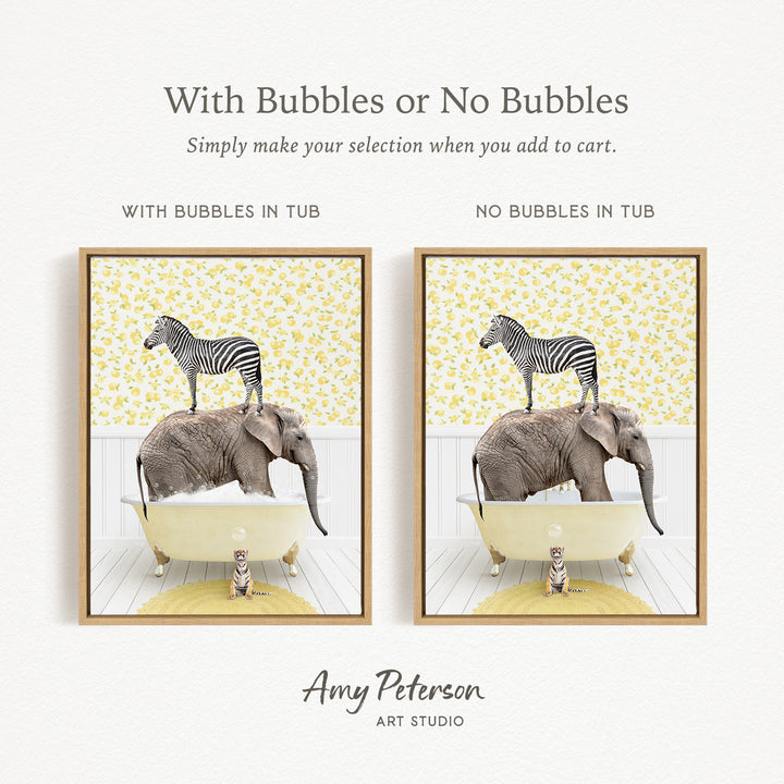 The image is a collage of two framed pictures. In the left frame, a zebra is standing on an elephant's back while the elephant is in a bathtub. In the right frame, a zebra is standing on an elephant's back while the elephant is in a bathtub. The collage does not contain any text, and the images depict animals in bathtubs.