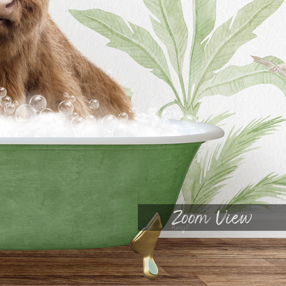 A brown dog is sitting in a green bathtub filled with bubbles, with a palm tree and a gold object in the foreground.