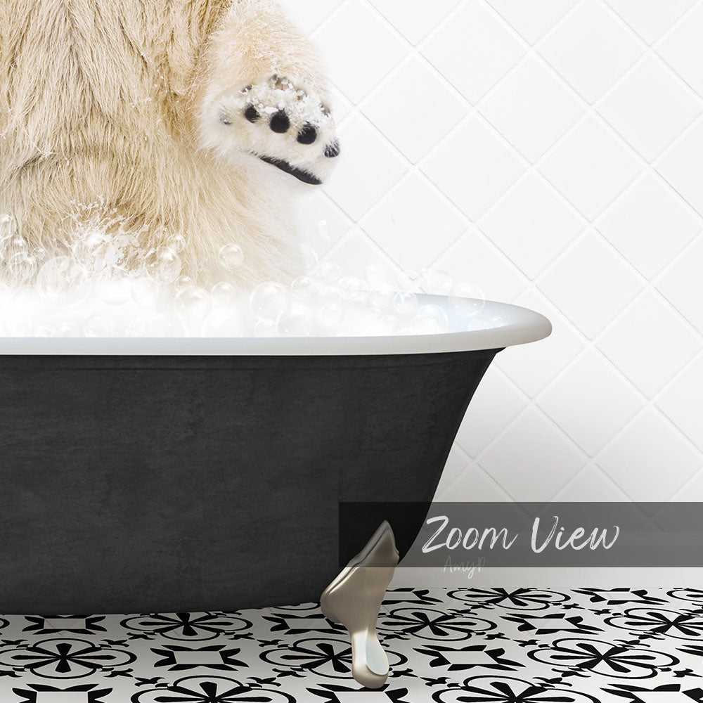 A polar bear is standing in a bathtub filled with bubbles, with its paw raised above the water.