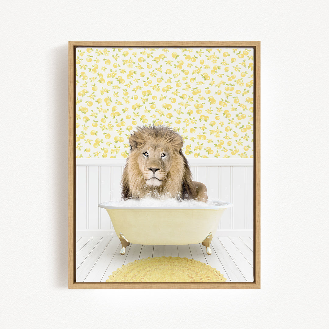 A lion sitting in a bathtub filled with bubbles, surrounded by a yellow floral pattern on the wall behind it.