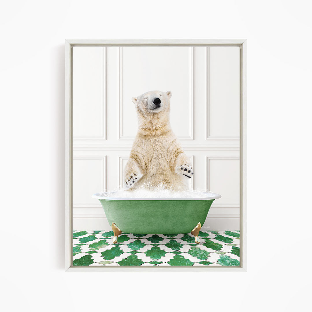 A polar bear standing in a green bathtub filled with water, with its paws raised in the air.