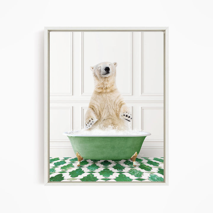 A polar bear standing in a green bathtub filled with water, with its paws raised in the air.