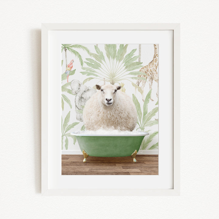 A white sheep sits in a green bathtub, surrounded by a tropical wallpaper with various animals and plants.