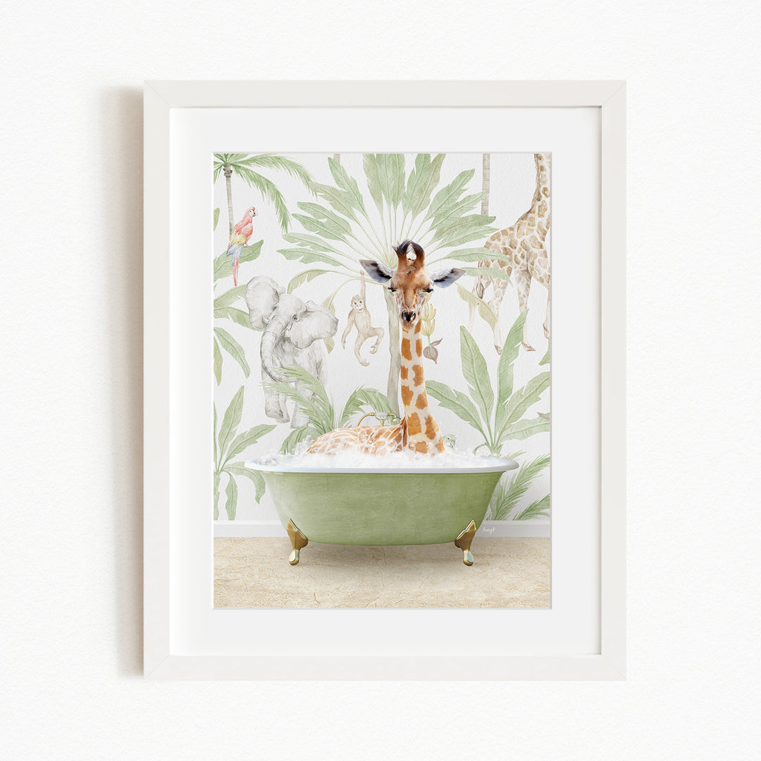 A giraffe is standing in a green bathtub filled with water, surrounded by various animals and plants, creating a whimsical and playful scene.