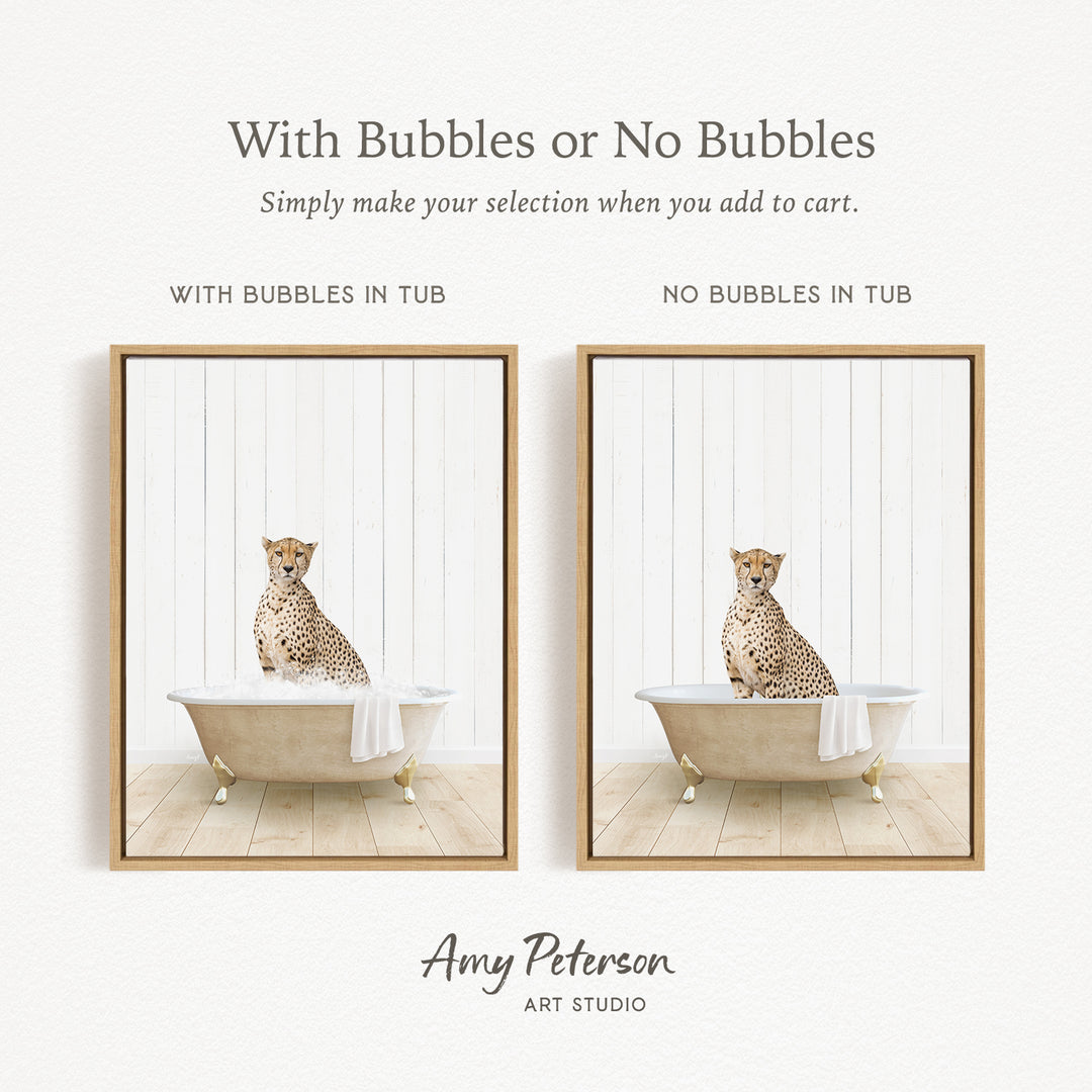 The image is a collage of two pictures featuring a cheetah sitting in a bathtub. The first picture shows the cheetah sitting in the tub with bubbles, while the second picture shows the cheetah sitting in the tub without bubbles.