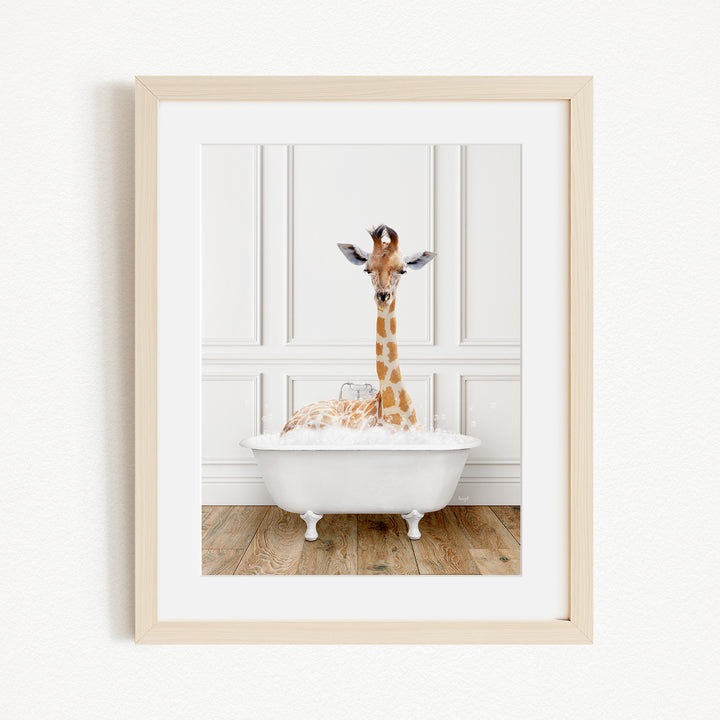 A giraffe is sitting in a white bathtub filled with water, creating a playful and whimsical scene.