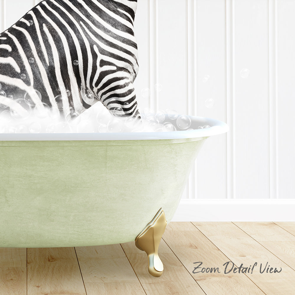 A zebra standing in a green bathtub filled with bubbles, with a white wall in the background.