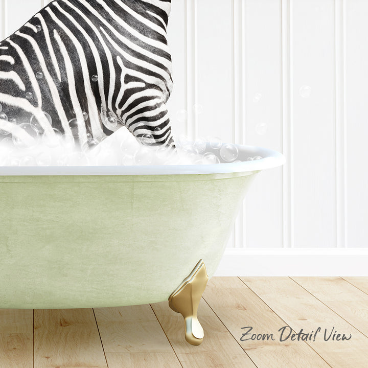 A zebra standing in a green bathtub filled with bubbles, with a white wall in the background.