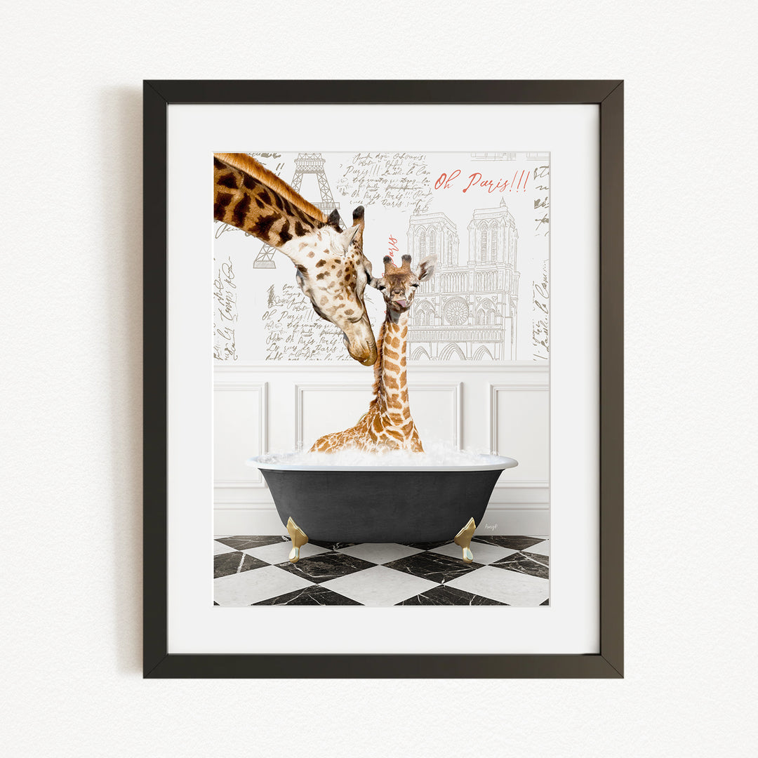A framed image depicting two giraffes sitting in a bathtub, with one giraffe appearing to be bathing the other.