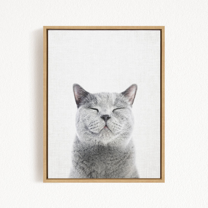 A gray cat with its eyes closed and mouth slightly open, giving it a content and relaxed expression, is the main subject of the framed artwork.