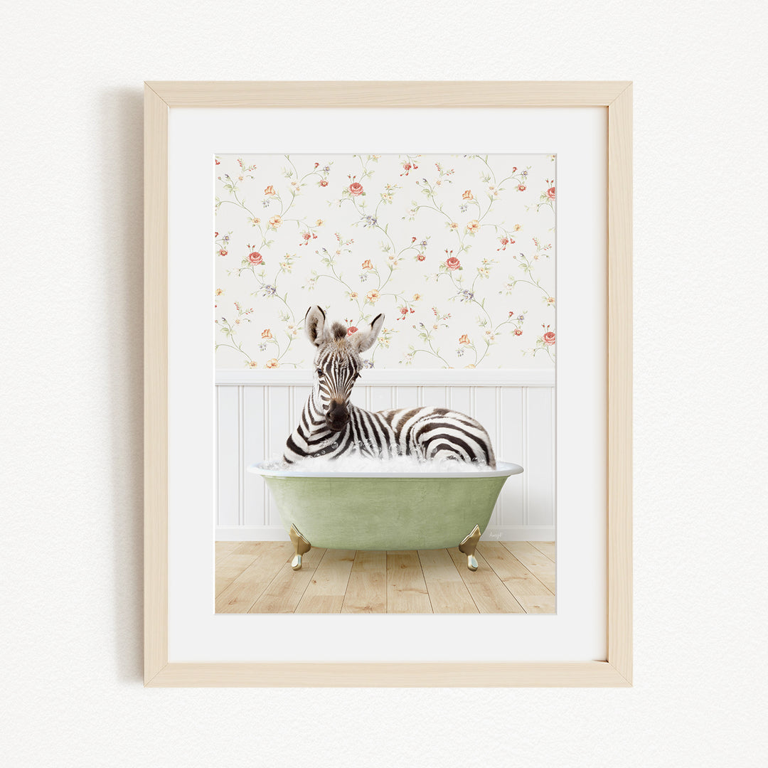 A zebra is sitting in a green bathtub, surrounded by a floral wallpaper.