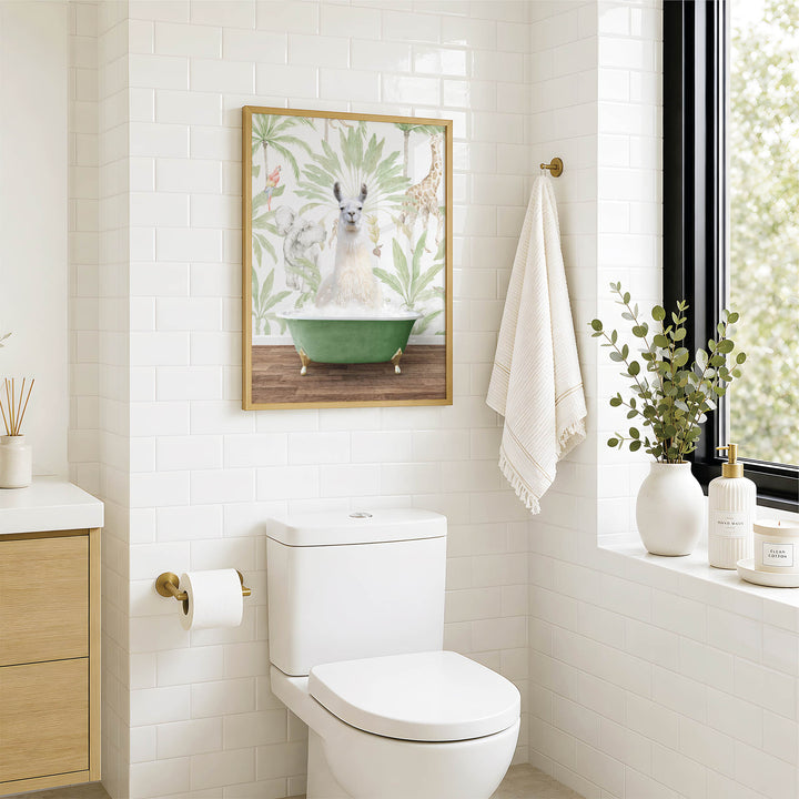 A bathroom with a white toilet, a framed picture of a llama in a bathtub, and a window with greenery on the sill.