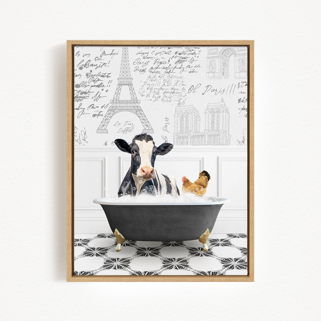A cow is sitting in a bathtub filled with water, surrounded by a chicken and a dog, with the Eiffel Tower and other Parisian buildings visible in the background.