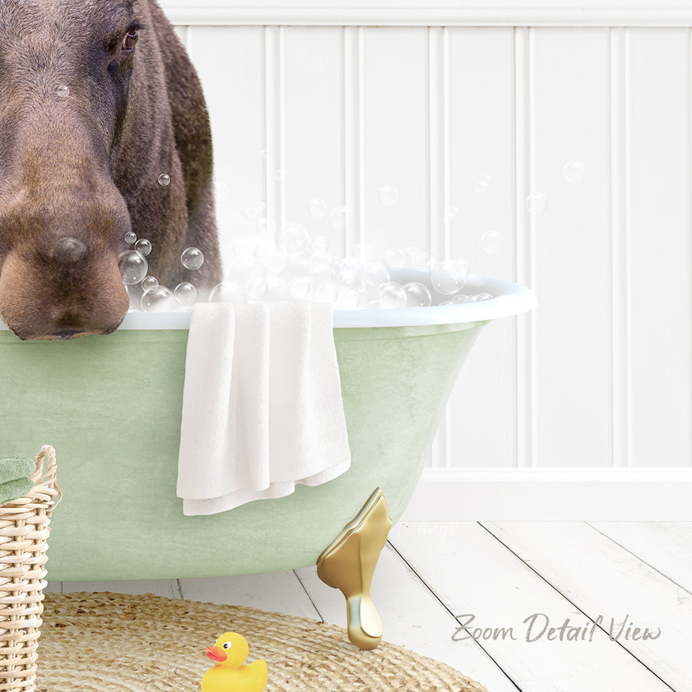 A dog is standing in a green bathtub filled with bubbles, surrounded by a yellow rubber duck and a white towel.