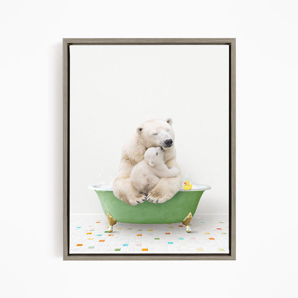 A mother polar bear and her cub sitting together in a green bathtub, surrounded by colorful tiles on the floor.