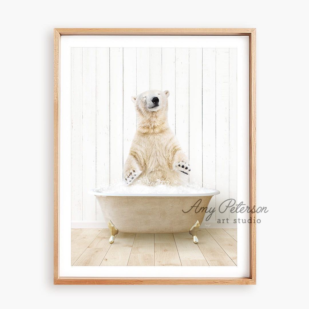 a polar bear is sitting in a bathtub