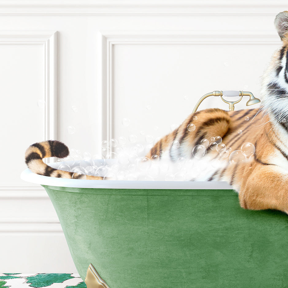 a stuffed tiger is sitting in a bathtub