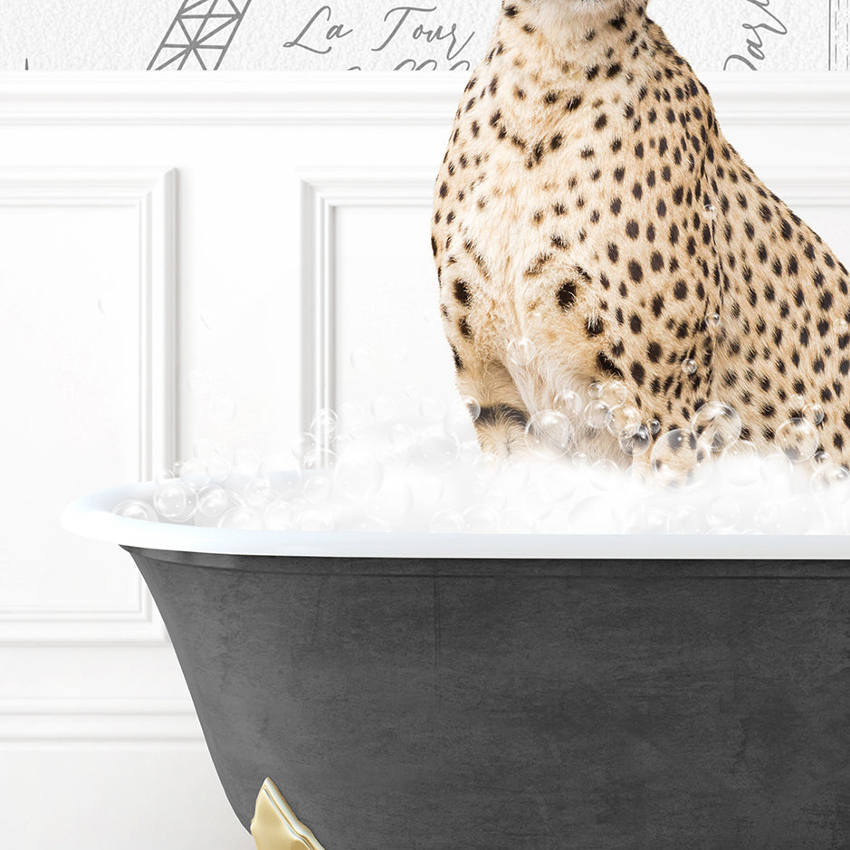 a cheetah sitting in a bathtub filled with foam