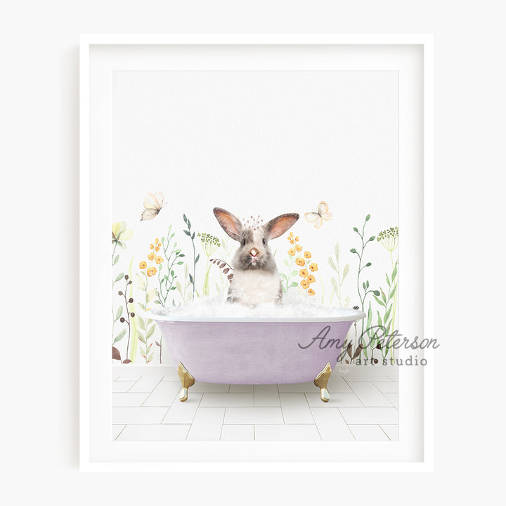 a rabbit sitting in a bathtub with flowers on the wall