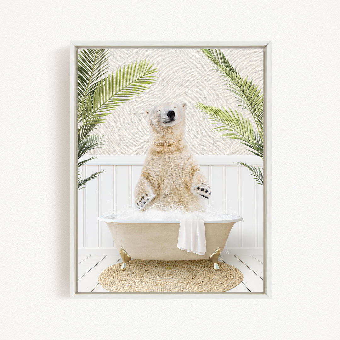 A polar bear sitting in a bathtub filled with water, surrounded by palm leaves, creating a whimsical and playful scene.